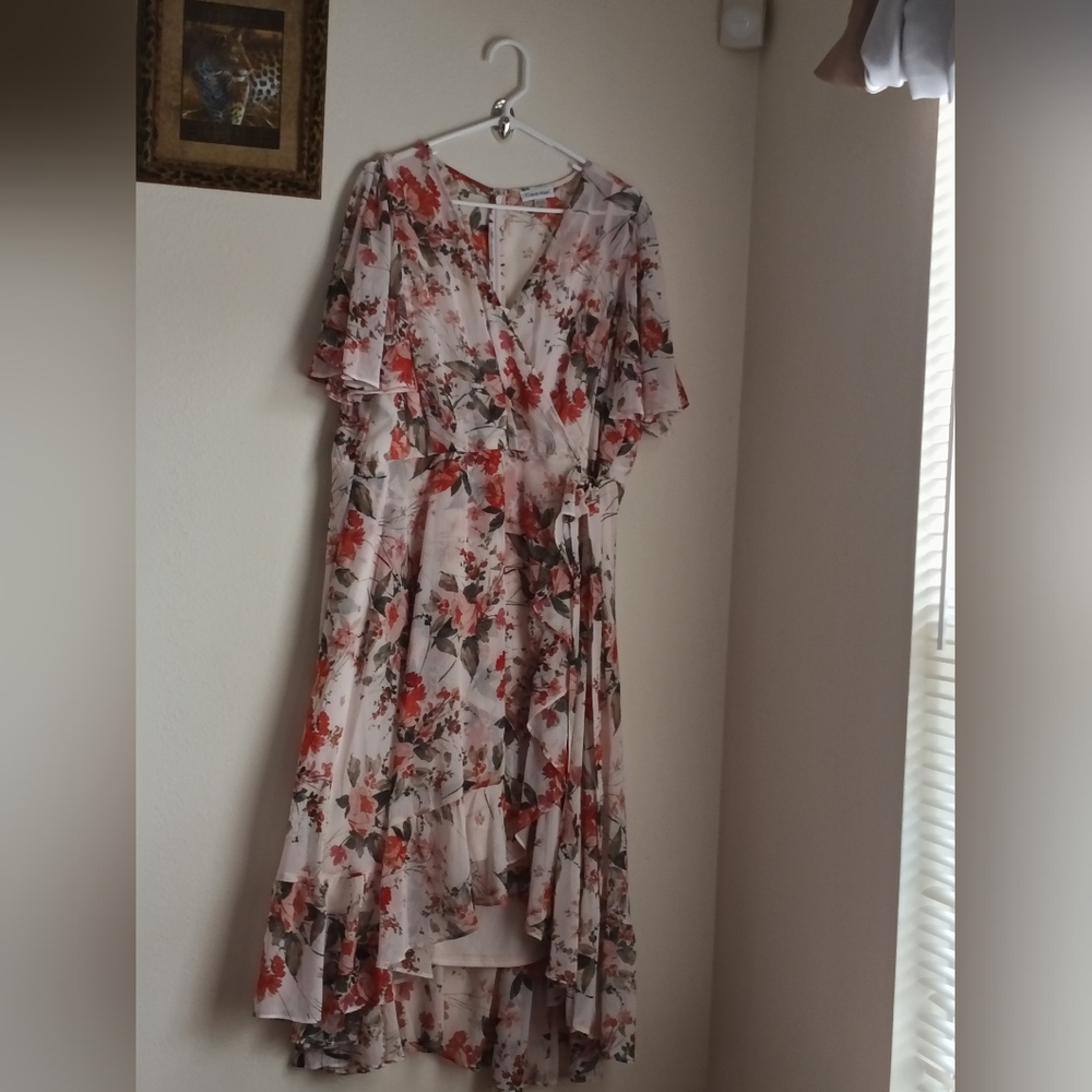 Calvin Klein Dress Women 20W Multicolor Floral High Low Elegant Wrap Office Wedd